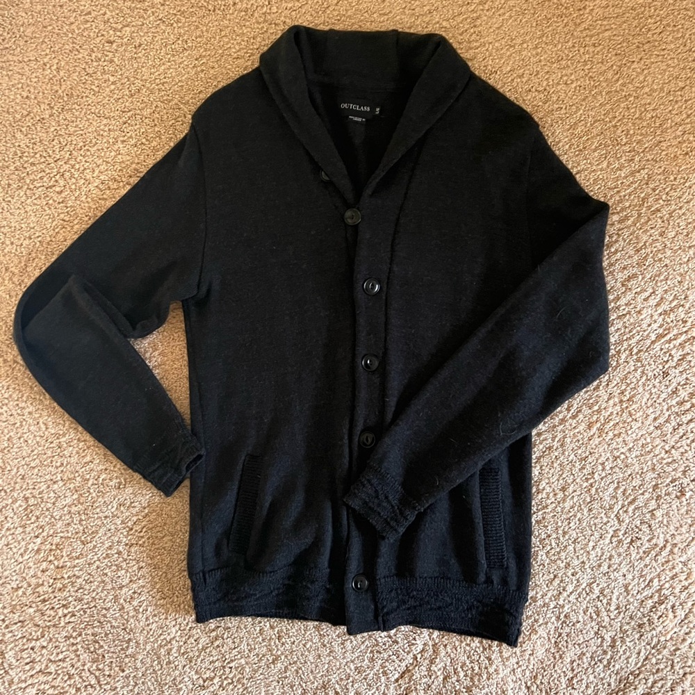 Charcoal grey, 100% wool, mens shawl collar cardigan. Made in Canada